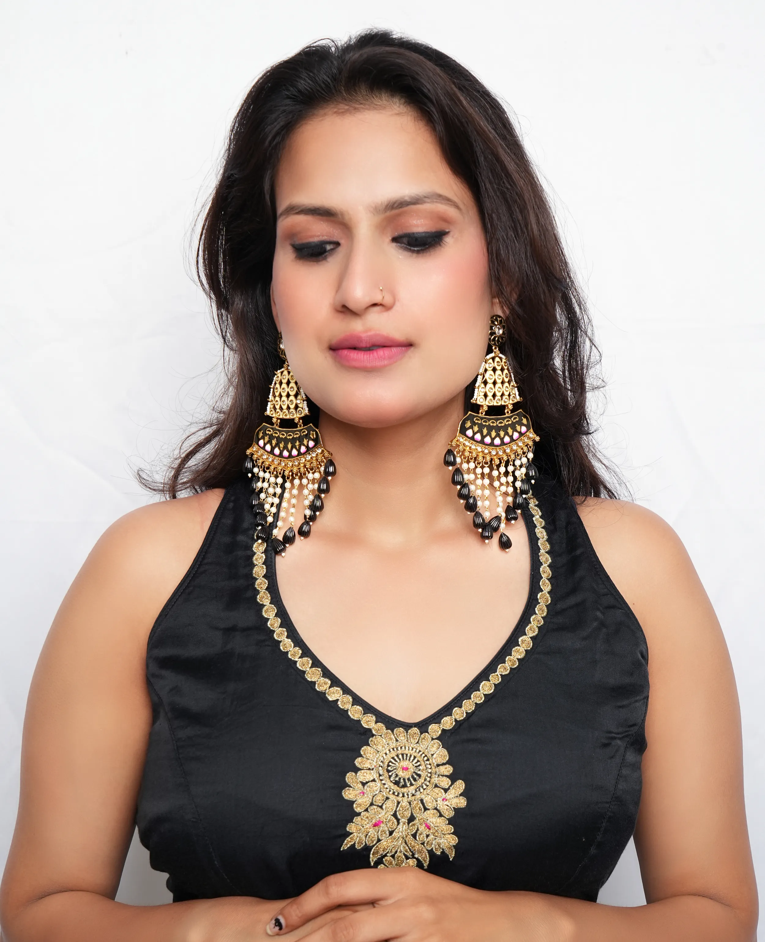 Black Meenakari Chandelier Earrings - Timeless Elegance