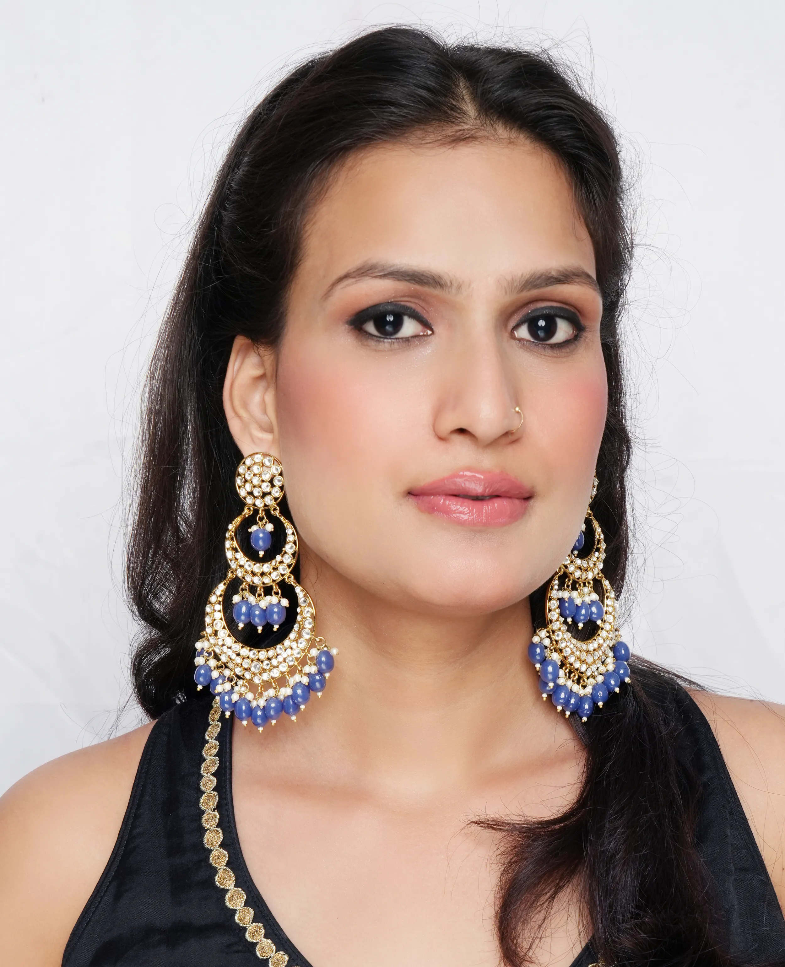Royal Blue Chandelier Earrings – Gold Base with Kundan Accents
