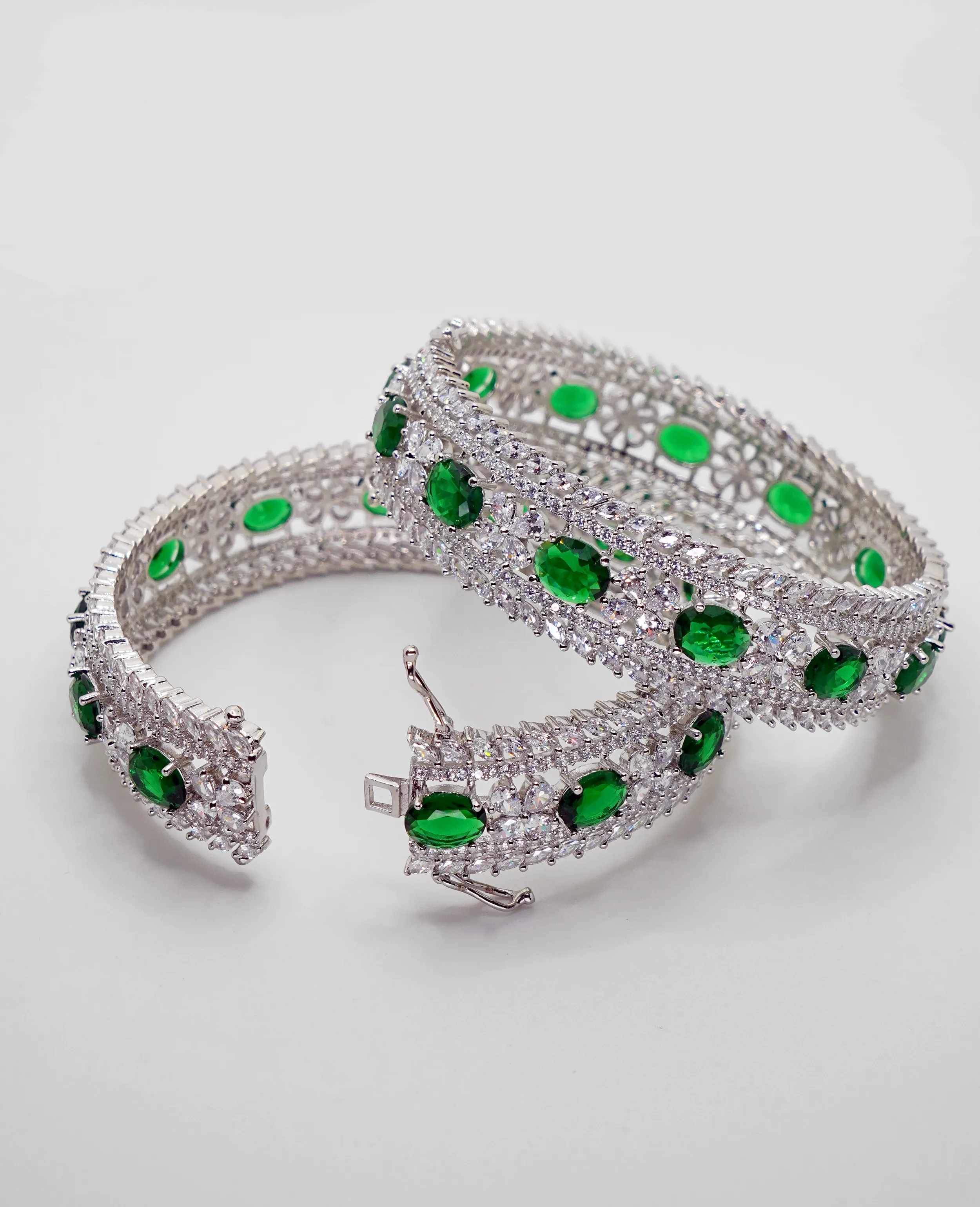 Elegant AD Bracelets with Emerald Accents - Openable Pair of Two