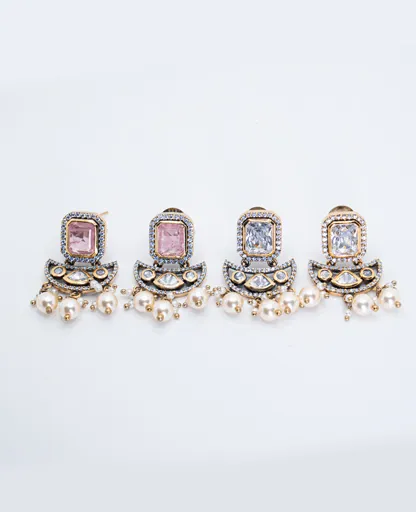 Victorian Kundan Semi-Hanging Earrings - White