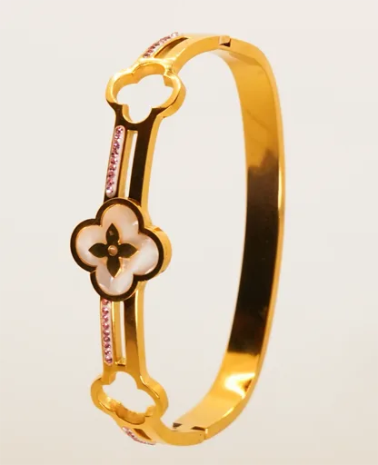 Golden Camellia-Inspired Kada Bracelet with Mother of Pearls