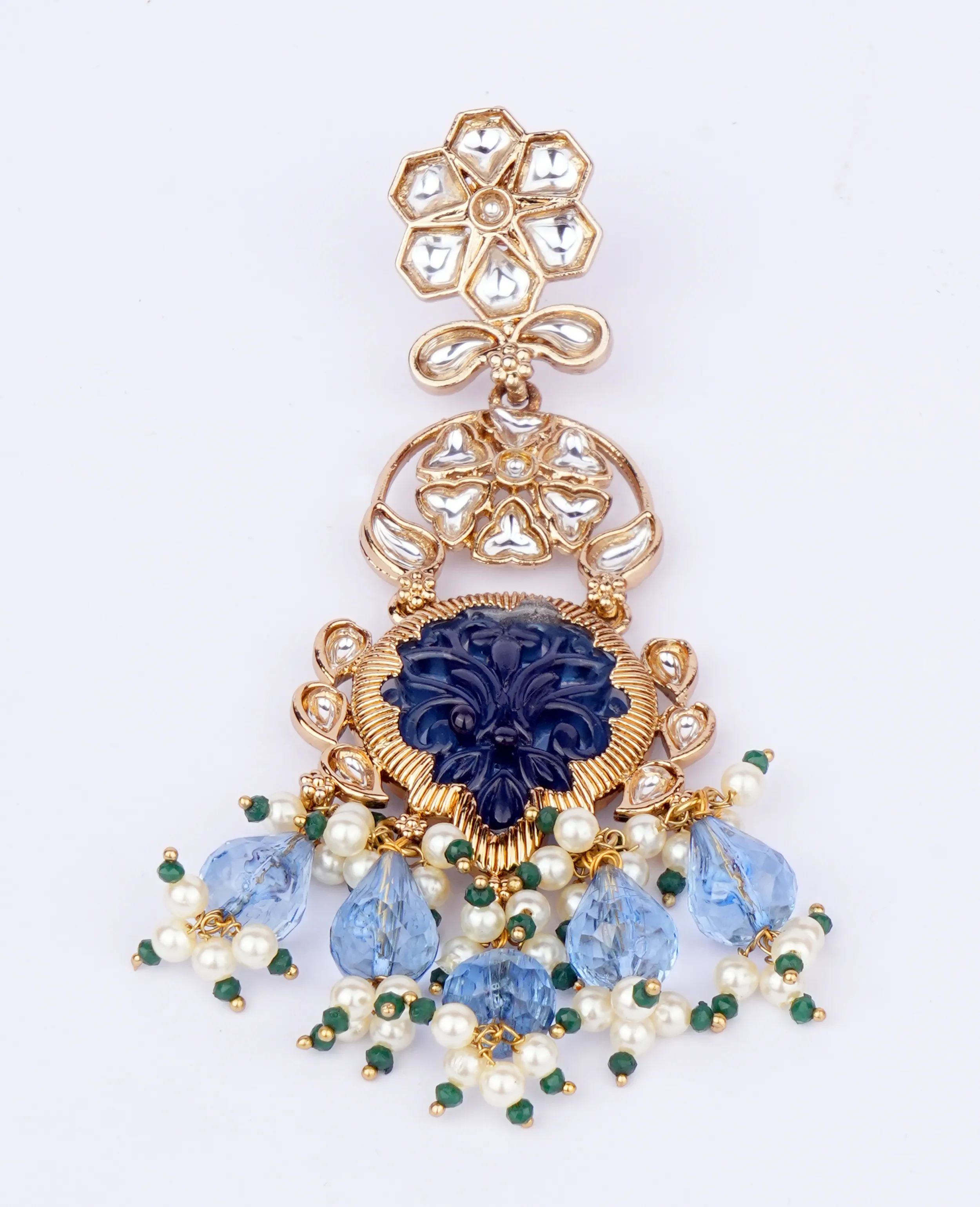 Kundan Earrings with Dull Gold Base and Blue Carved Stone – Traditional Meets Modern