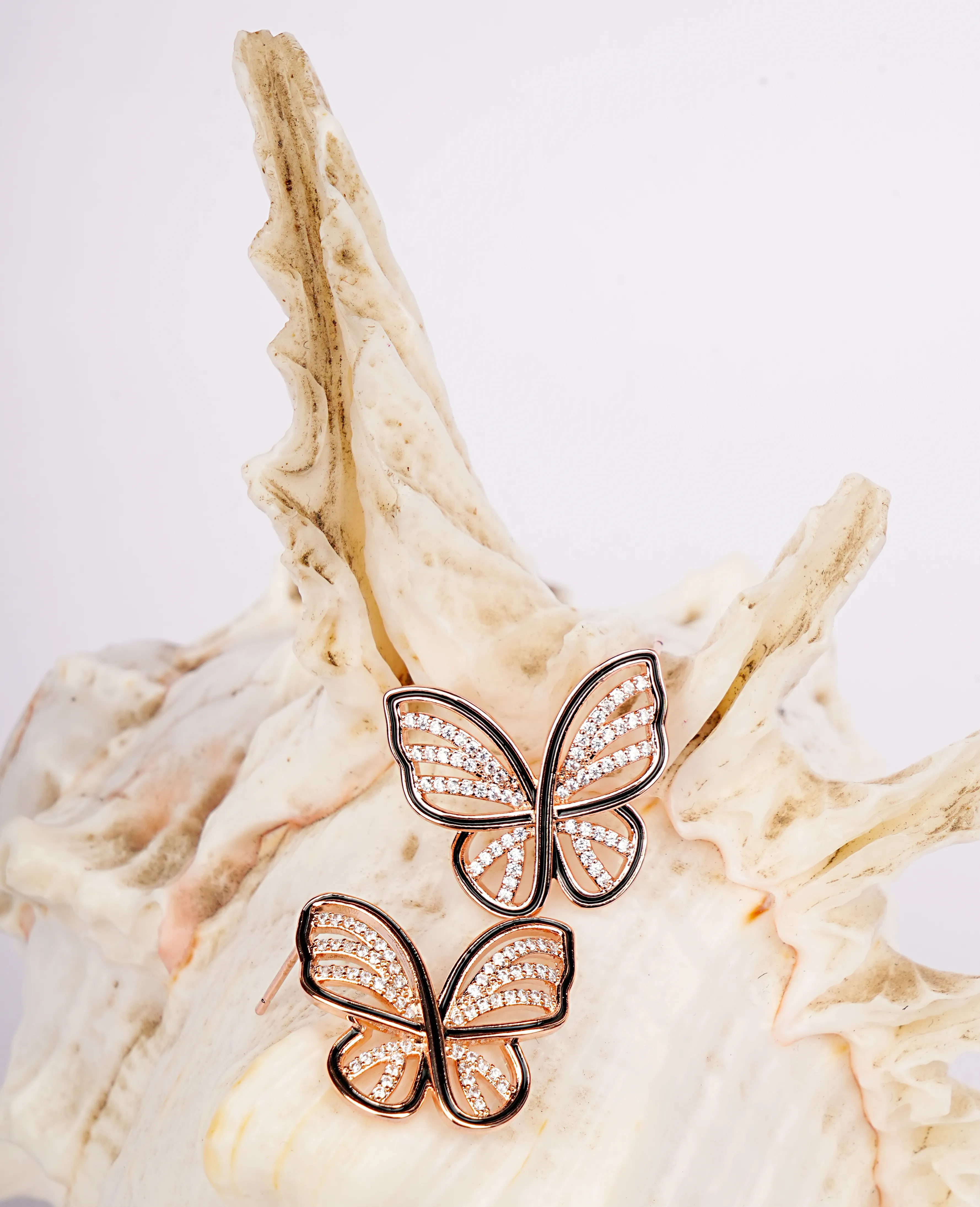 Butterfly Rose-Gold Earrings Studded with AD – A Delicate Blend of Sparkle and Charm