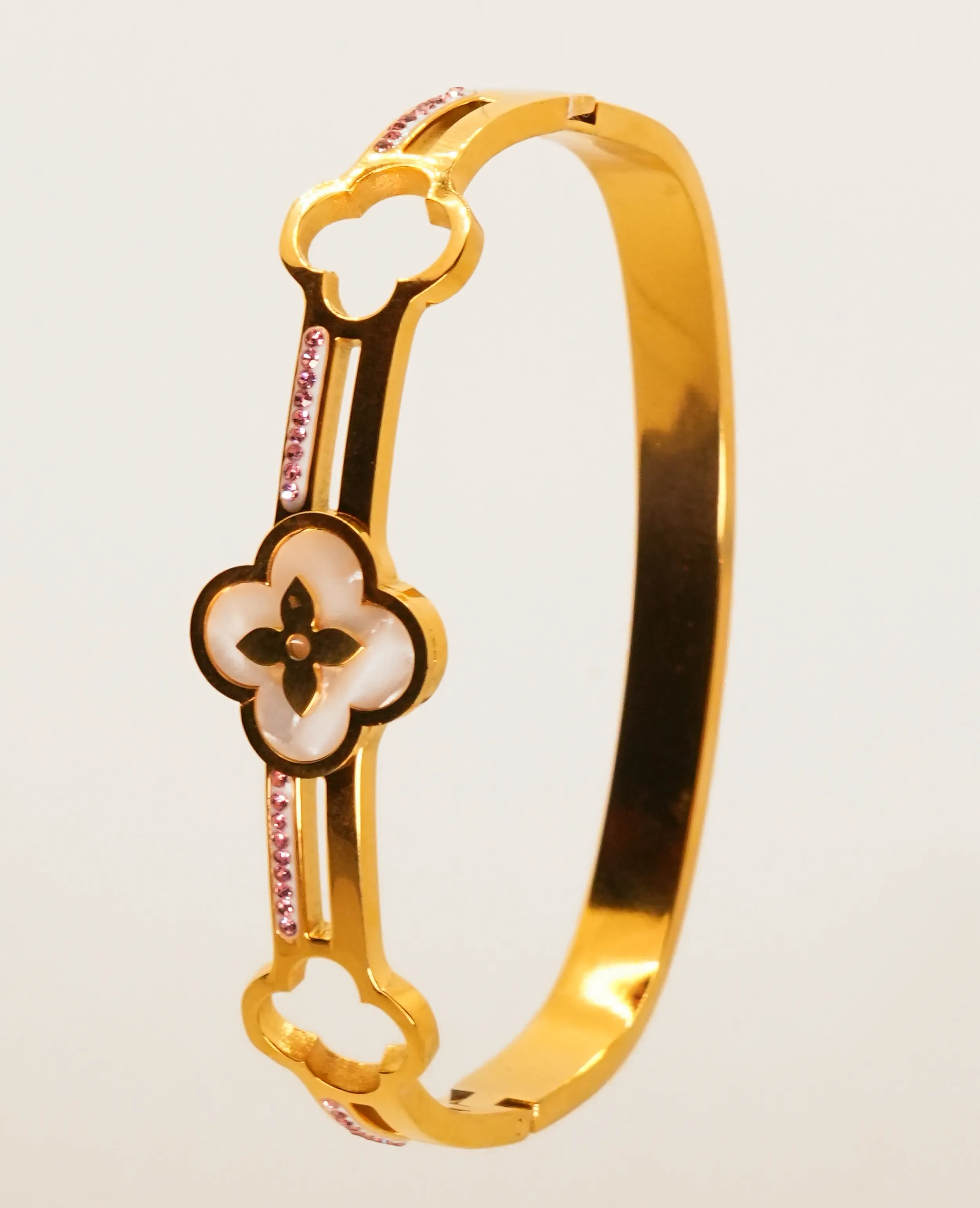 Golden Camellia-Inspired Kada Bracelet with Mother of Pearls