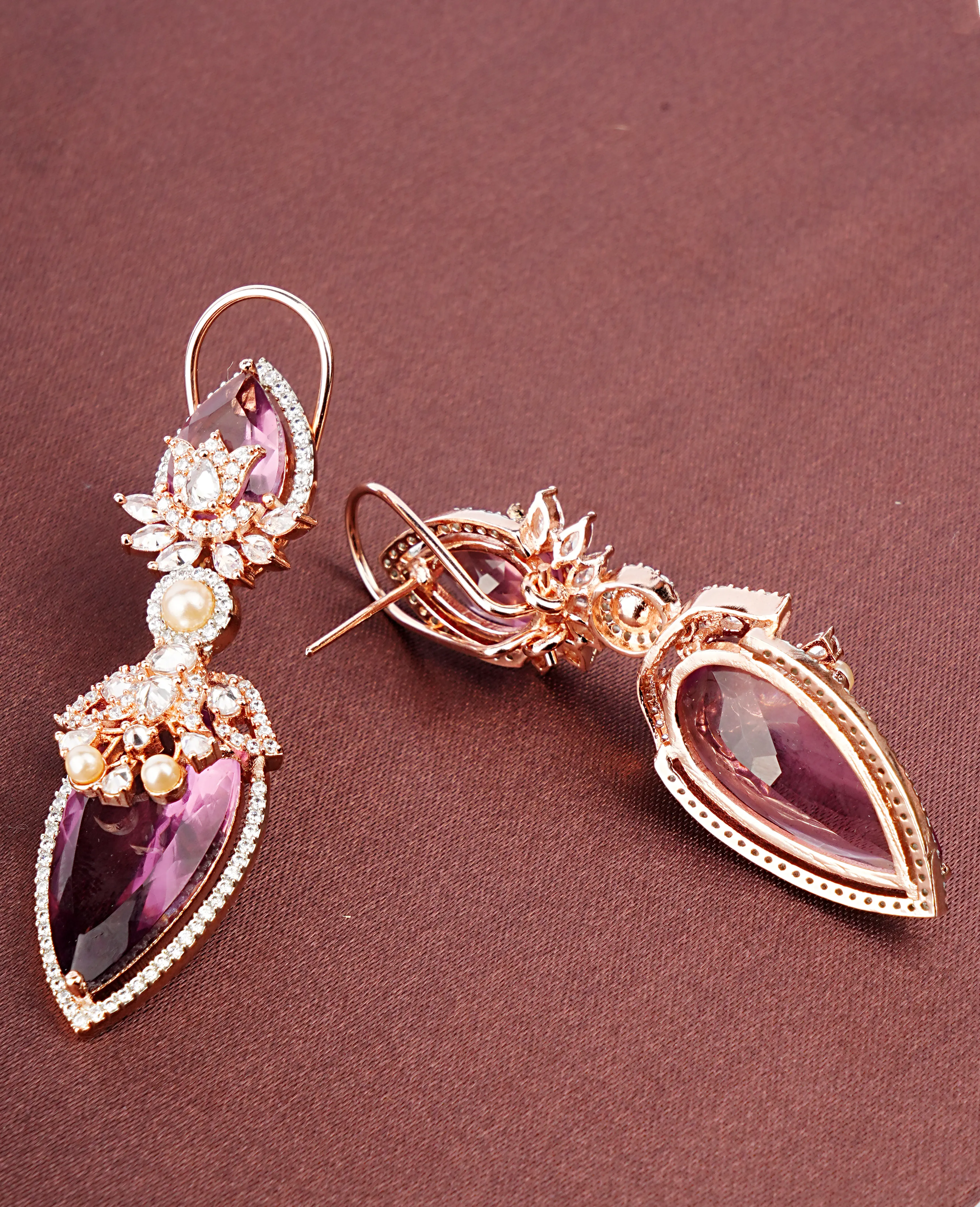 Wine Color AD Earrings on Rose Gold Base - Elegant Charm