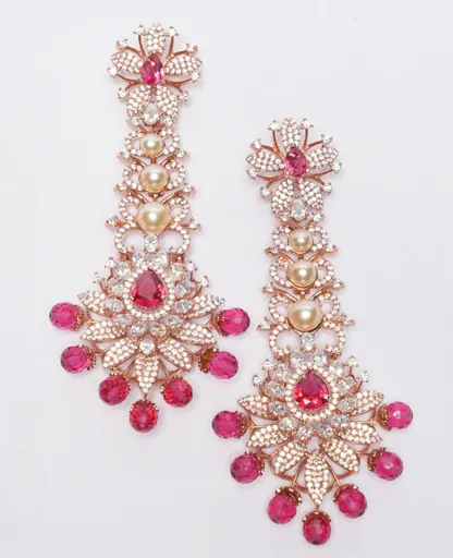 Ruby, AD, and Freshwater Pearl Earrings – A Luxe Statement with a Rose Gold Touch