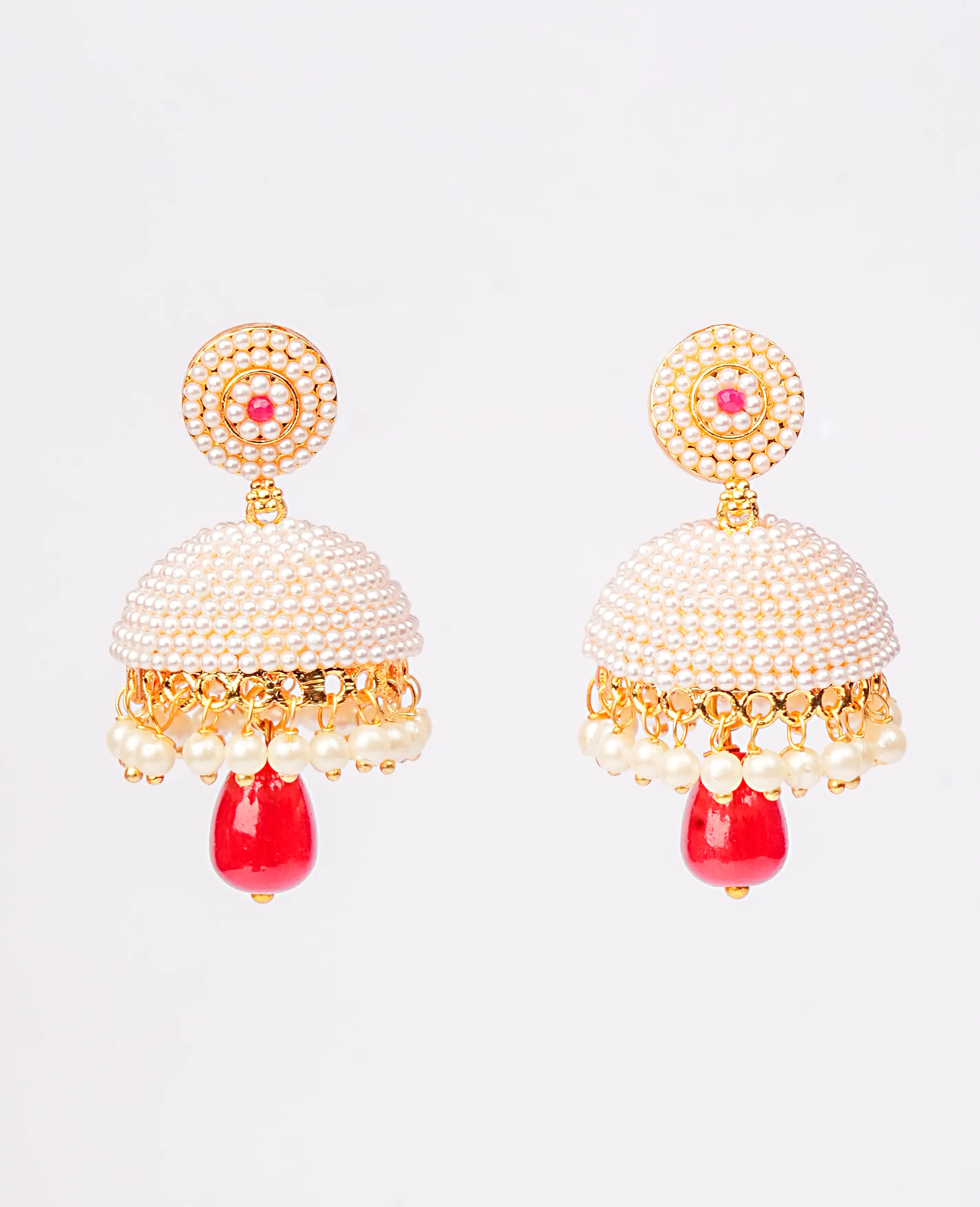 Pearl Jhumki with Ruby Bead – Ideal Size