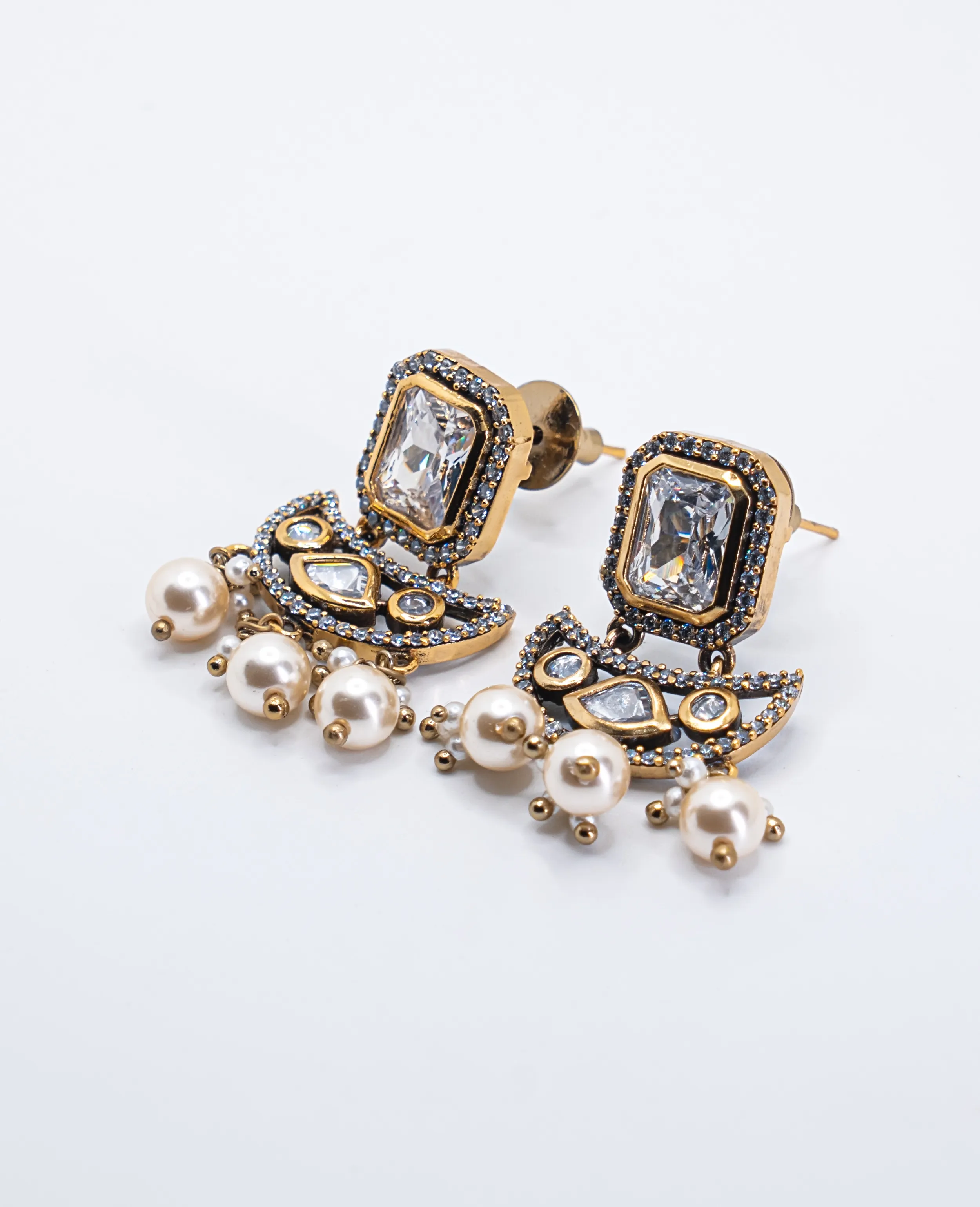 Victorian Kundan Semi-Hanging Earrings - White
