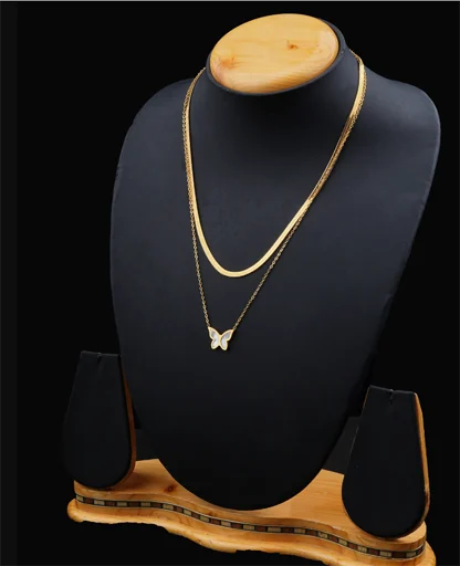 Golden Duo: Double Line Chain with Enchanting Butterfly MOP Pendant