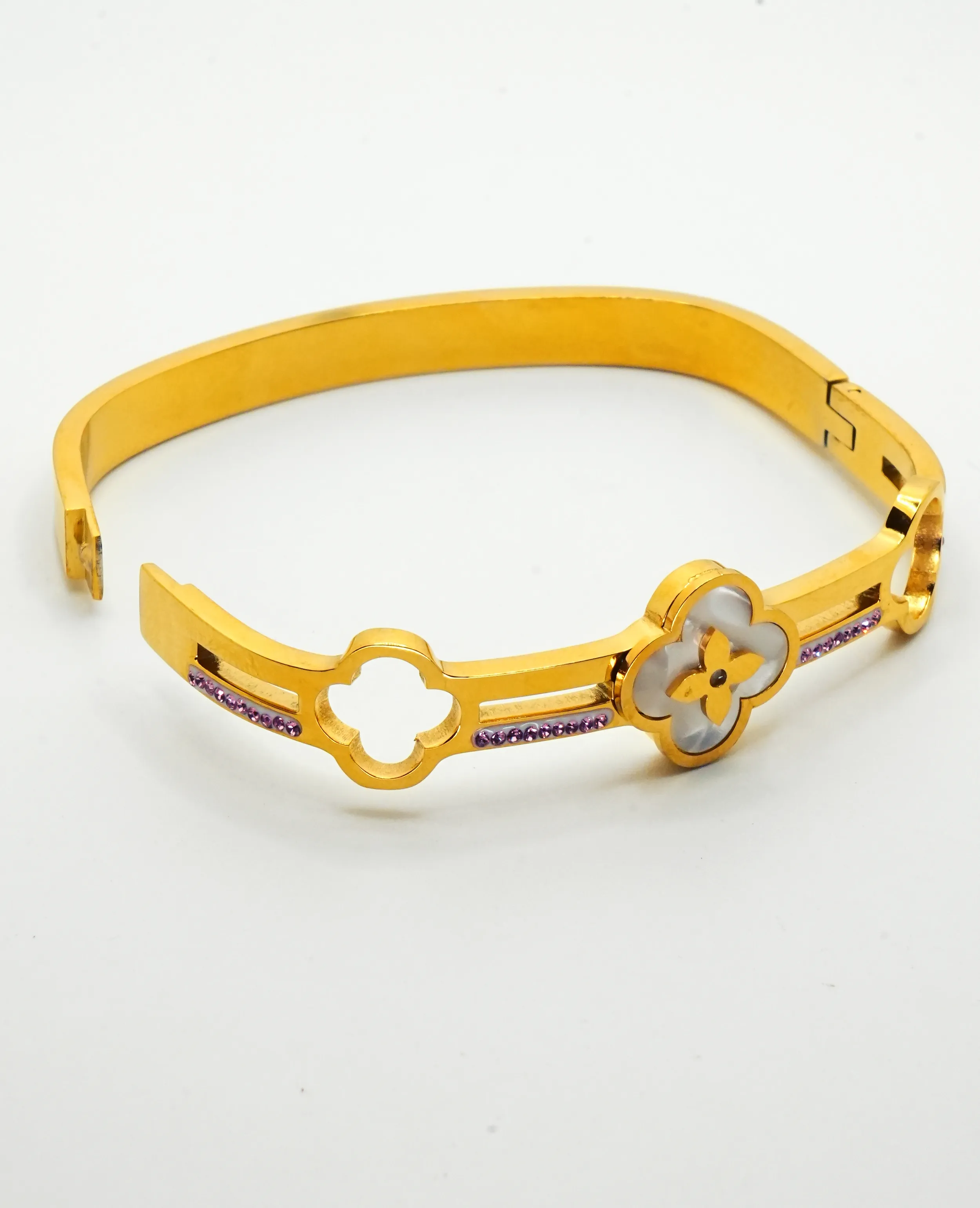 Golden Camellia-Inspired Kada Bracelet with Mother of Pearls