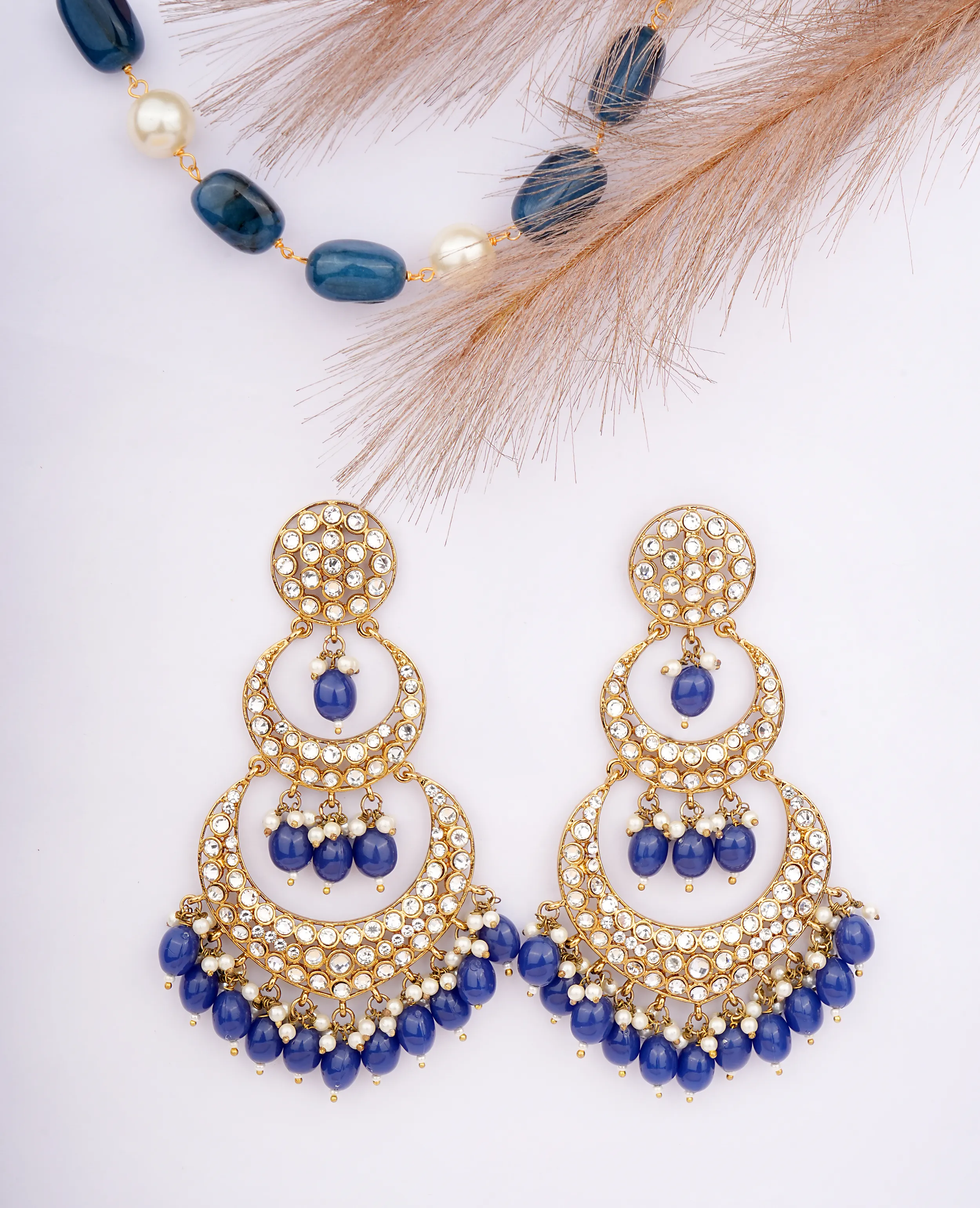 Royal Blue Chandelier Earrings – Gold Base with Kundan Accents