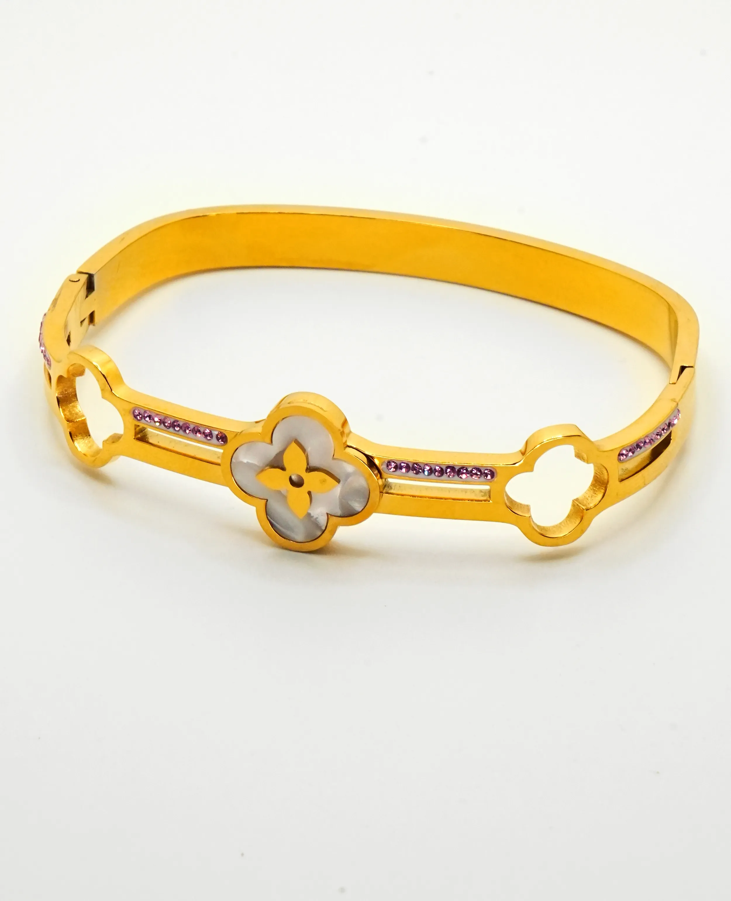 Golden Camellia-Inspired Kada Bracelet with Mother of Pearls