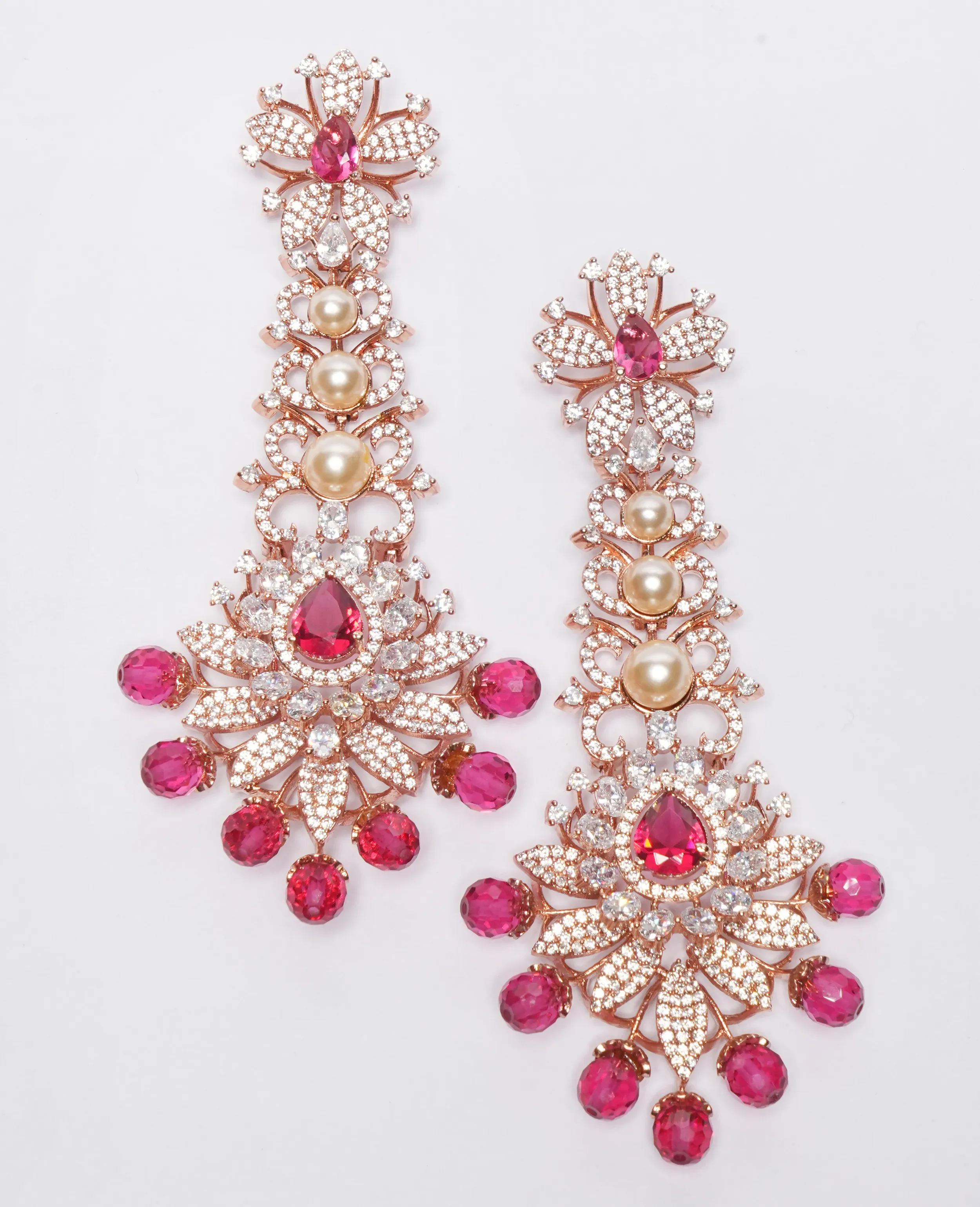 Ruby, AD, and Freshwater Pearl Earrings – A Luxe Statement with a Rose Gold Touch