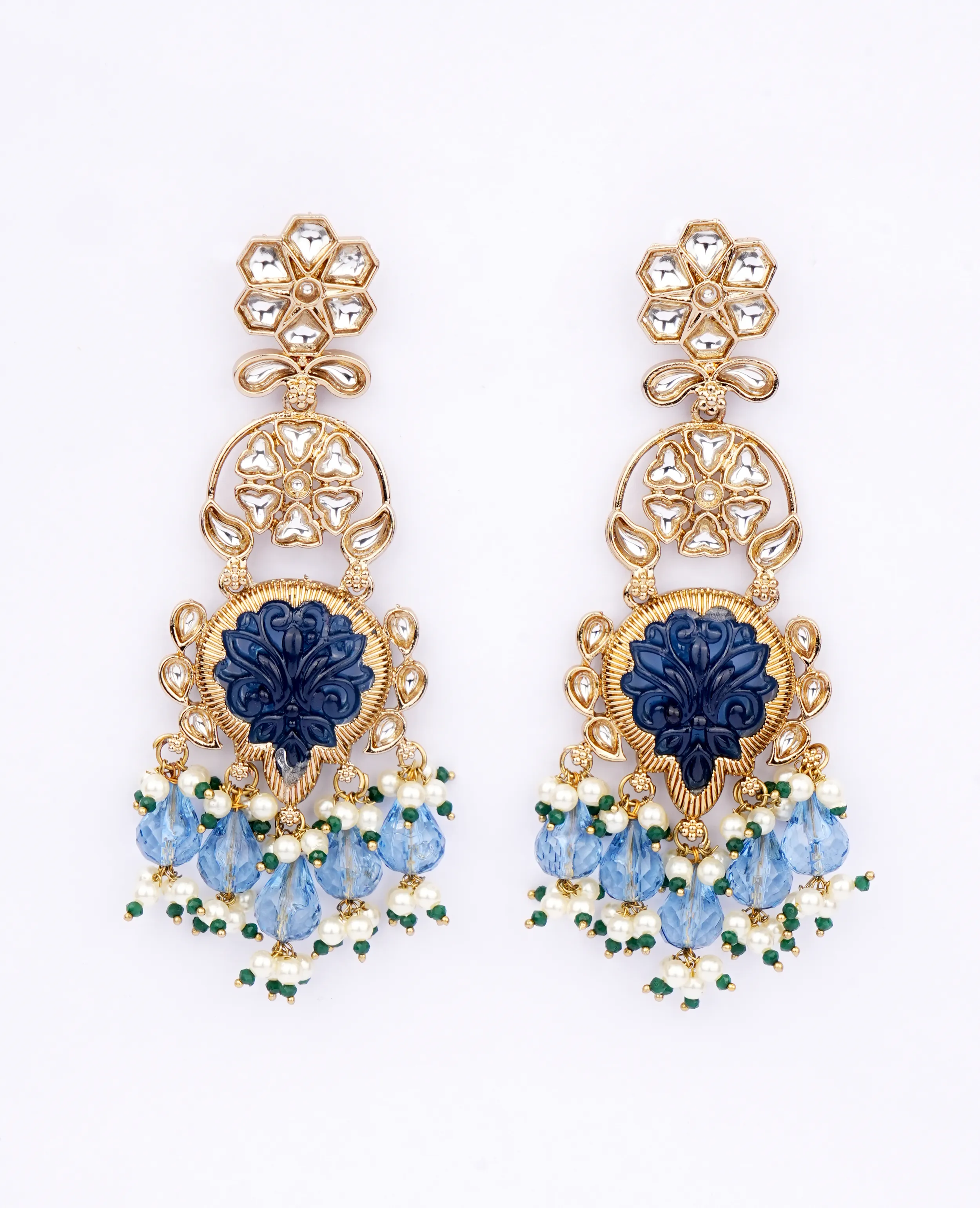 Kundan Earrings with Dull Gold Base and Blue Carved Stone – Traditional Meets Modern