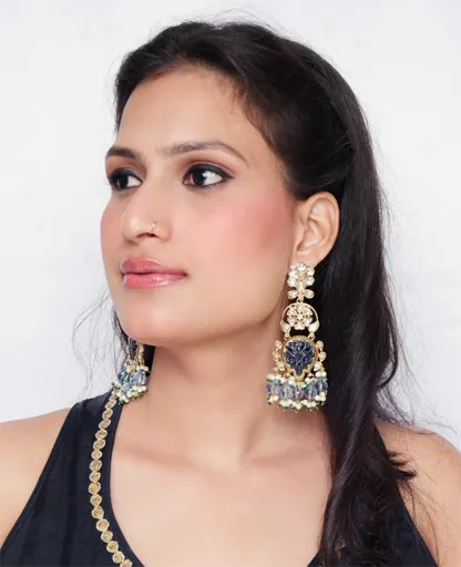 Kundan Earrings with Dull Gold Base and Blue Carved Stone – Traditional Meets Modern