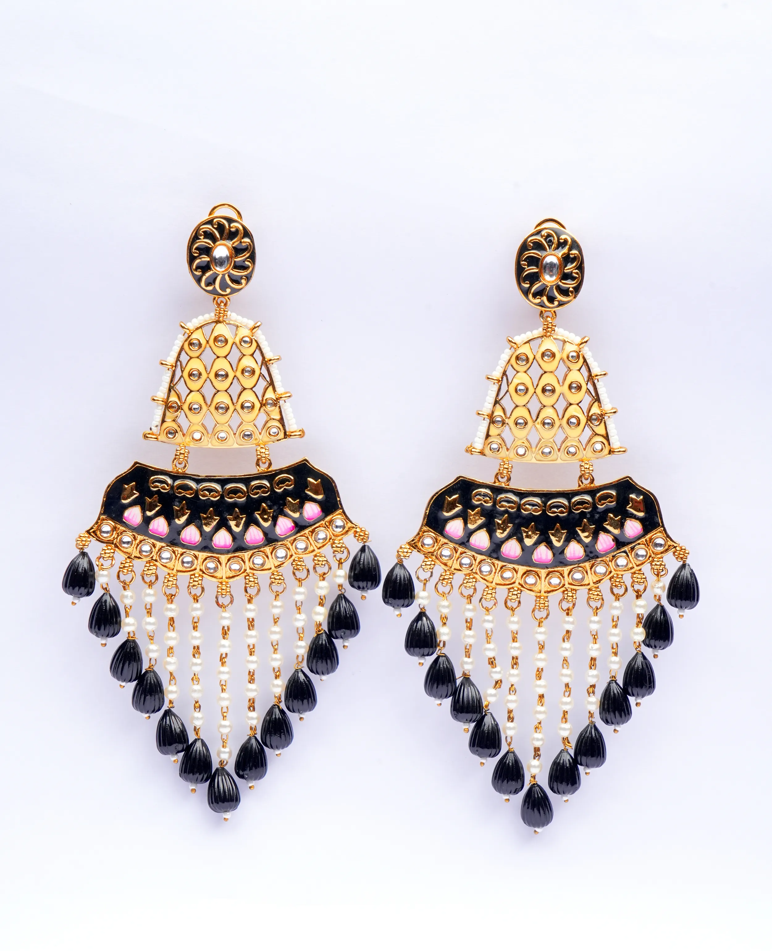Black Meenakari Chandelier Earrings - Timeless Elegance