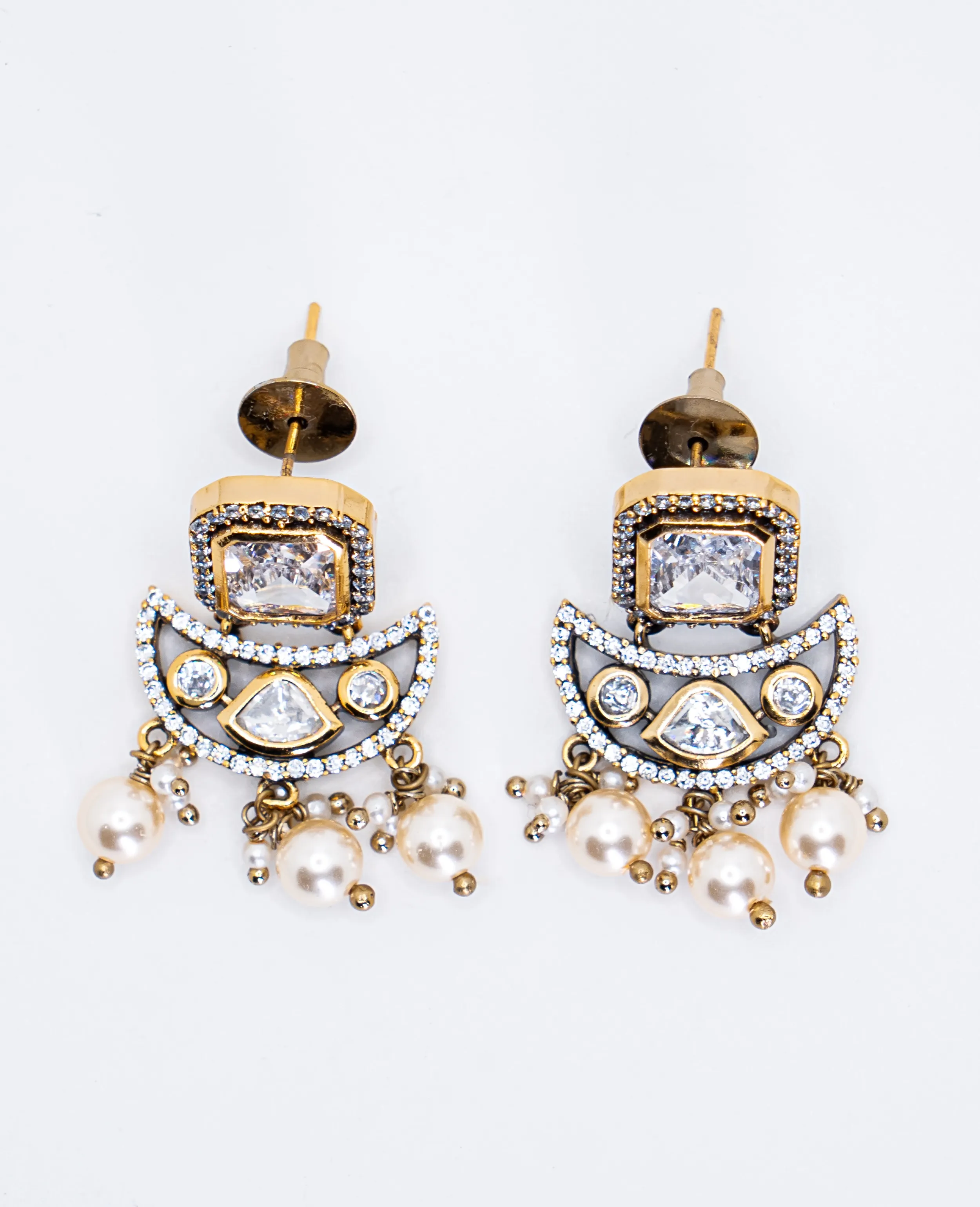 Victorian Kundan Semi-Hanging Earrings - White