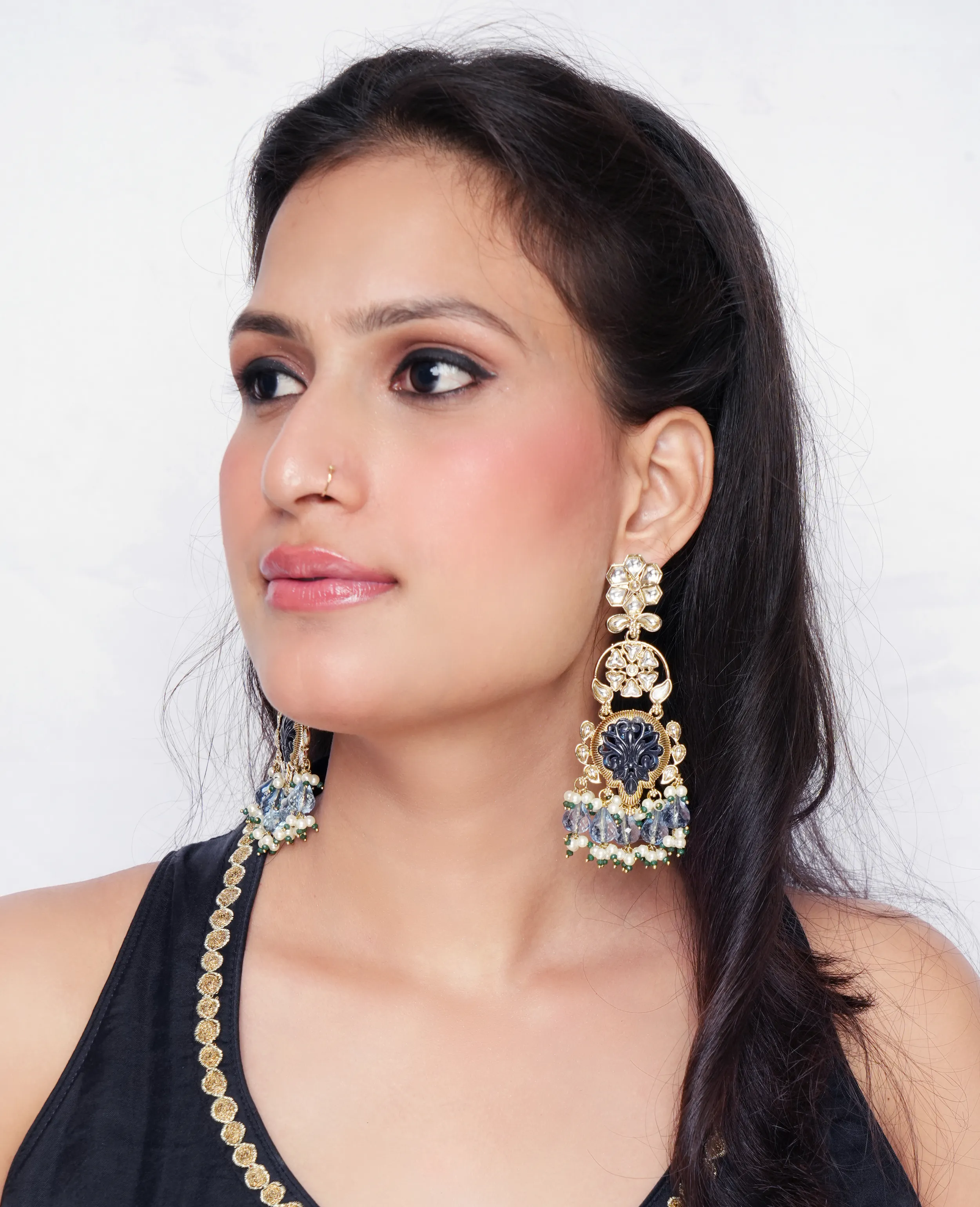 Kundan Earrings with Dull Gold Base and Blue Carved Stone – Traditional Meets Modern