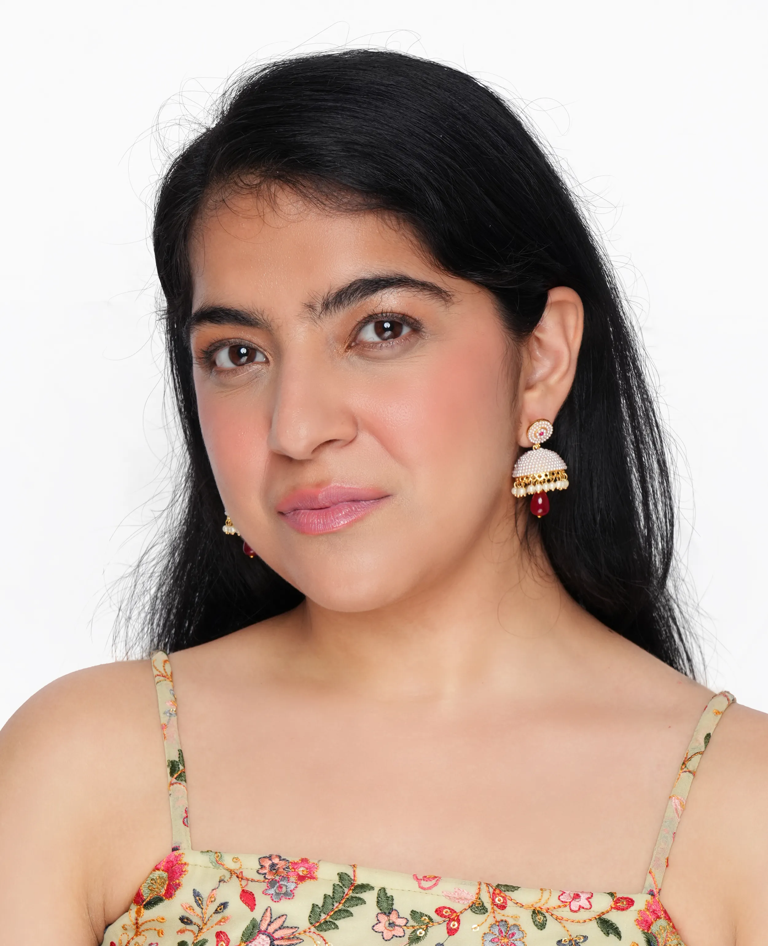 Pearl Jhumki with Ruby Bead – Ideal Size
