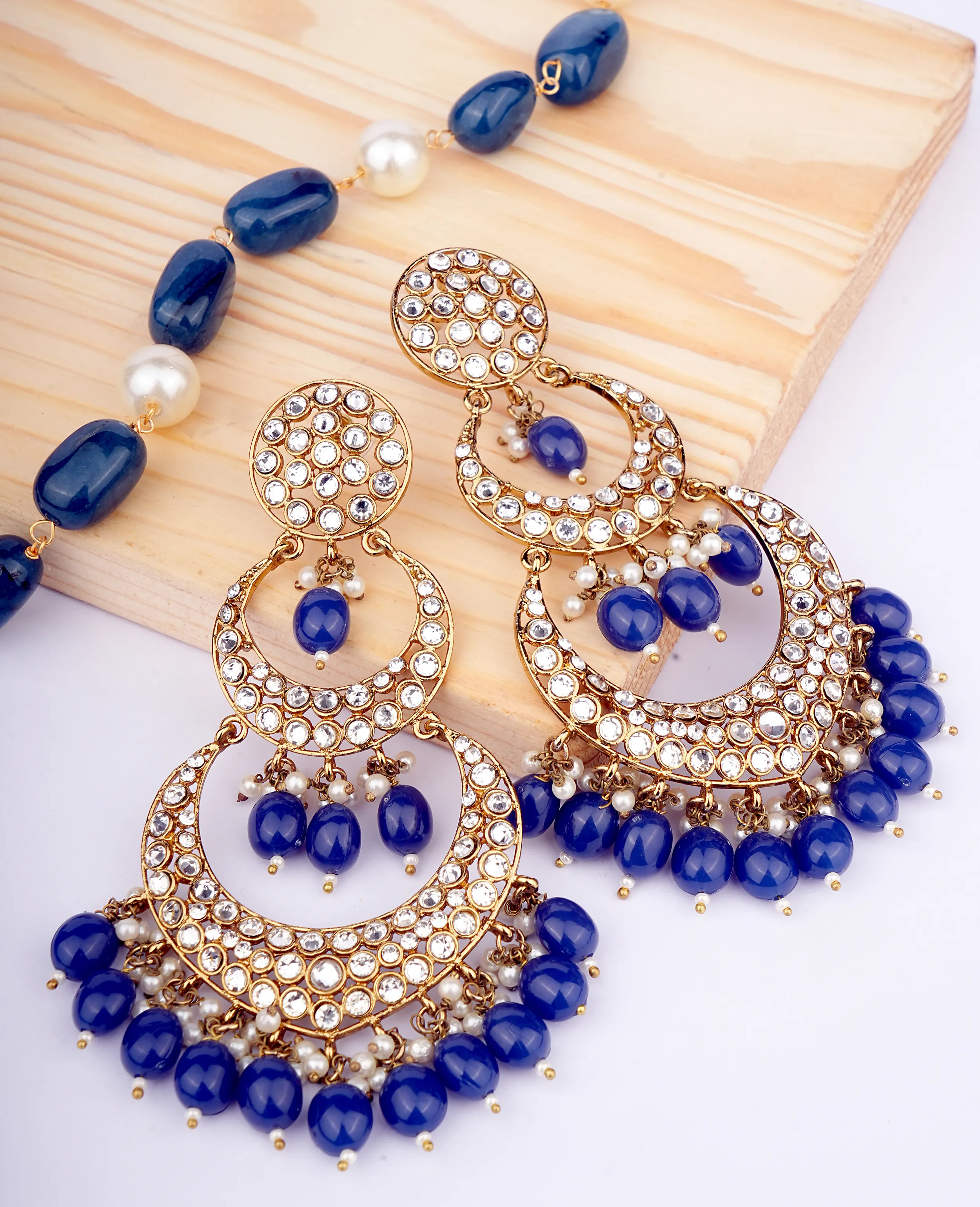 Royal Blue Chandelier Earrings – Gold Base with Kundan Accents
