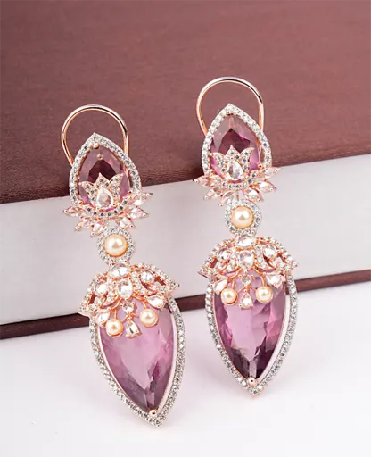 Wine Color AD Earrings on Rose Gold Base - Elegant Charm