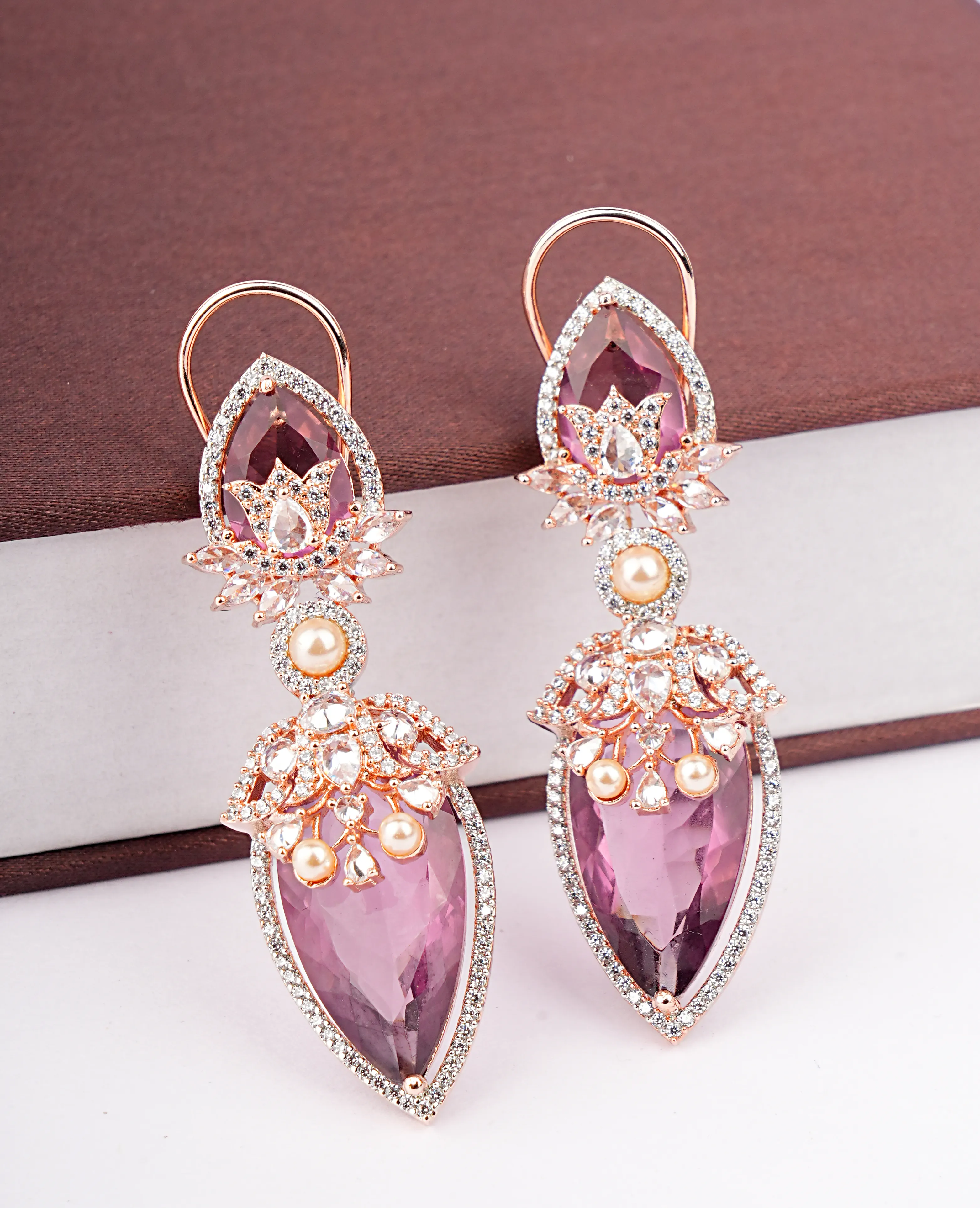 Wine Color AD Earrings on Rose Gold Base - Elegant Charm