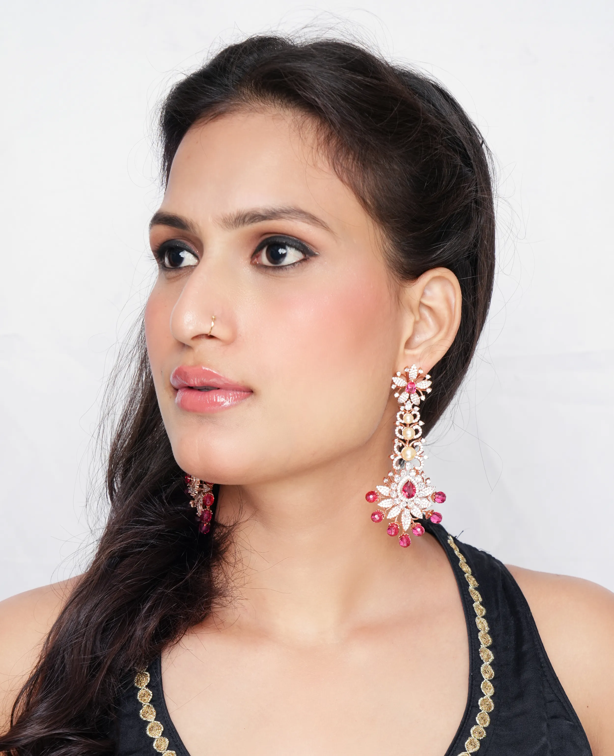 Ruby, AD, and Freshwater Pearl Earrings – A Luxe Statement with a Rose Gold Touch