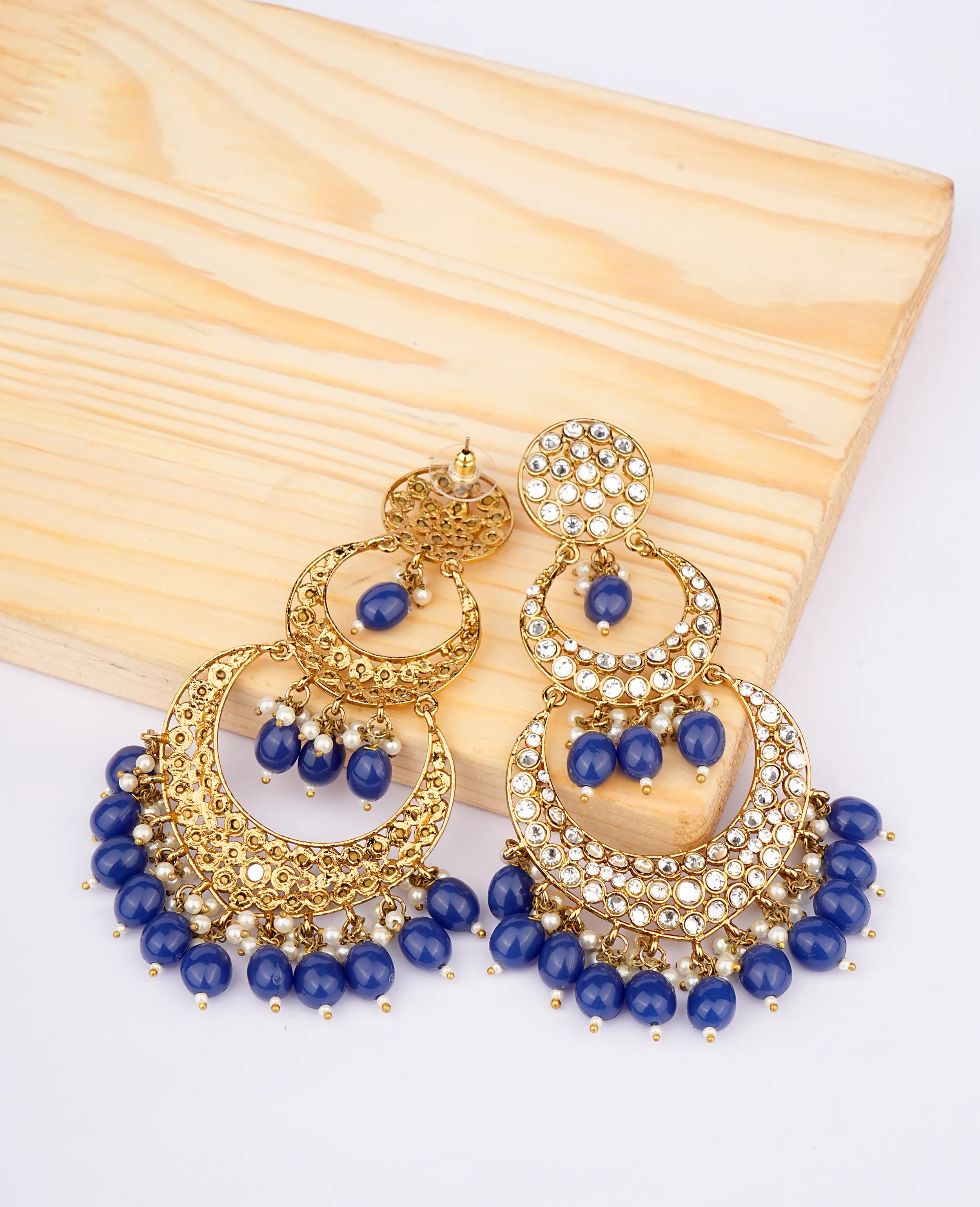 Royal Blue Chandelier Earrings – Gold Base with Kundan Accents