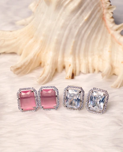 AD Studs with Pink Semi-Precious Stones 