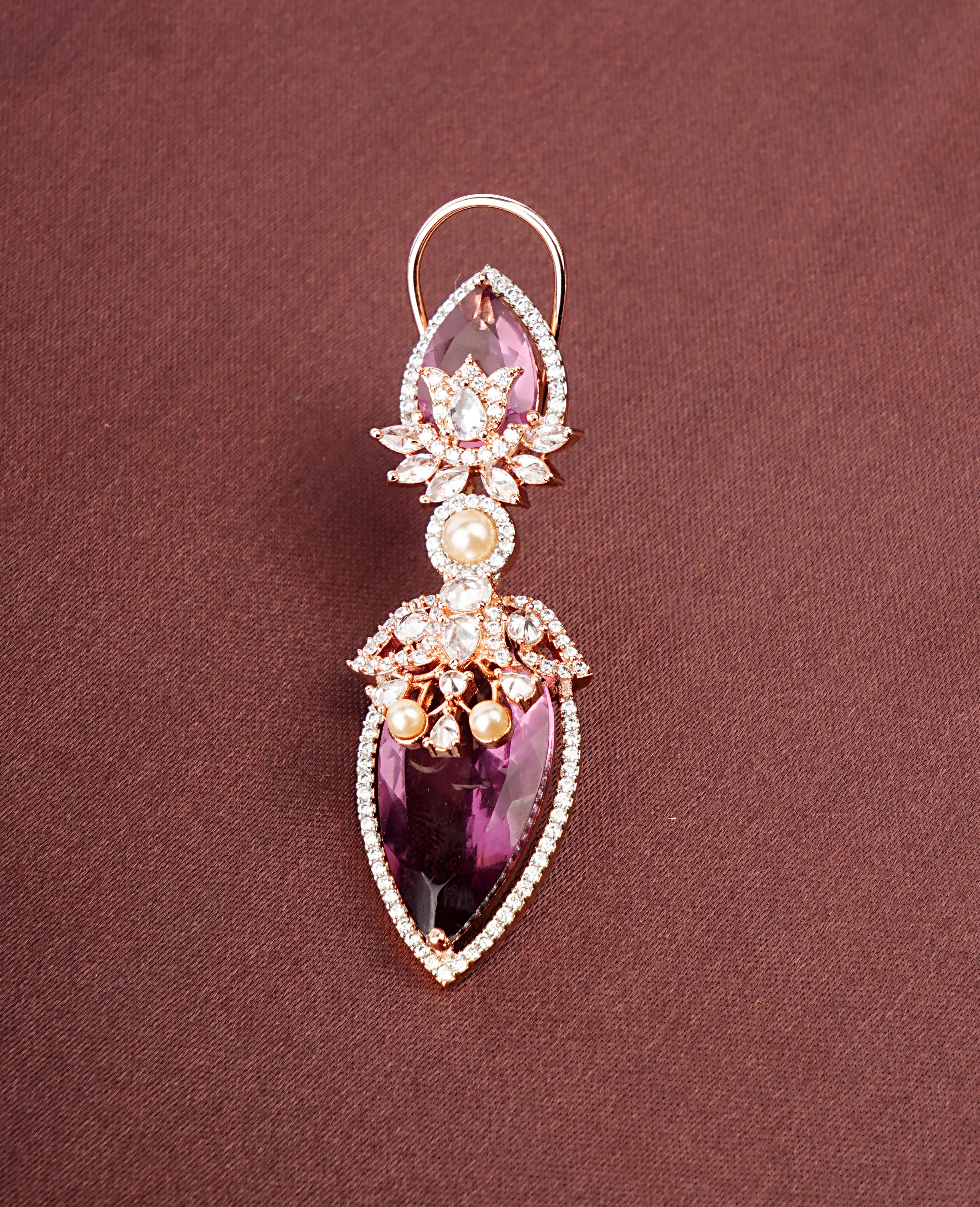 Wine Color AD Earrings on Rose Gold Base - Elegant Charm